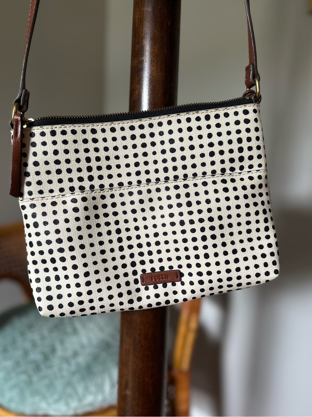 Fossil Black & White Polka Dot Canvas Crossbody Bag